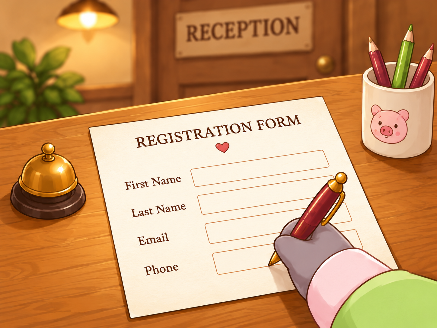 Khryuchik's hand filling in a form at the reception desk